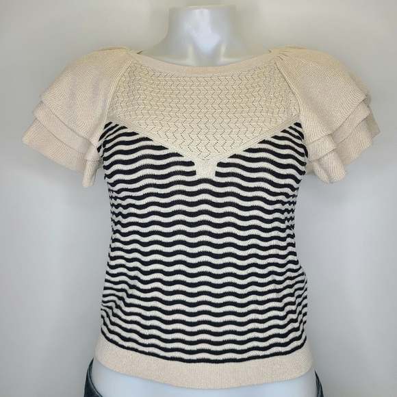 Express Striped Ruffle Flutter Sleeve Knit Top Sweater Black Sandshell Beige XS - Picture 2 of 13